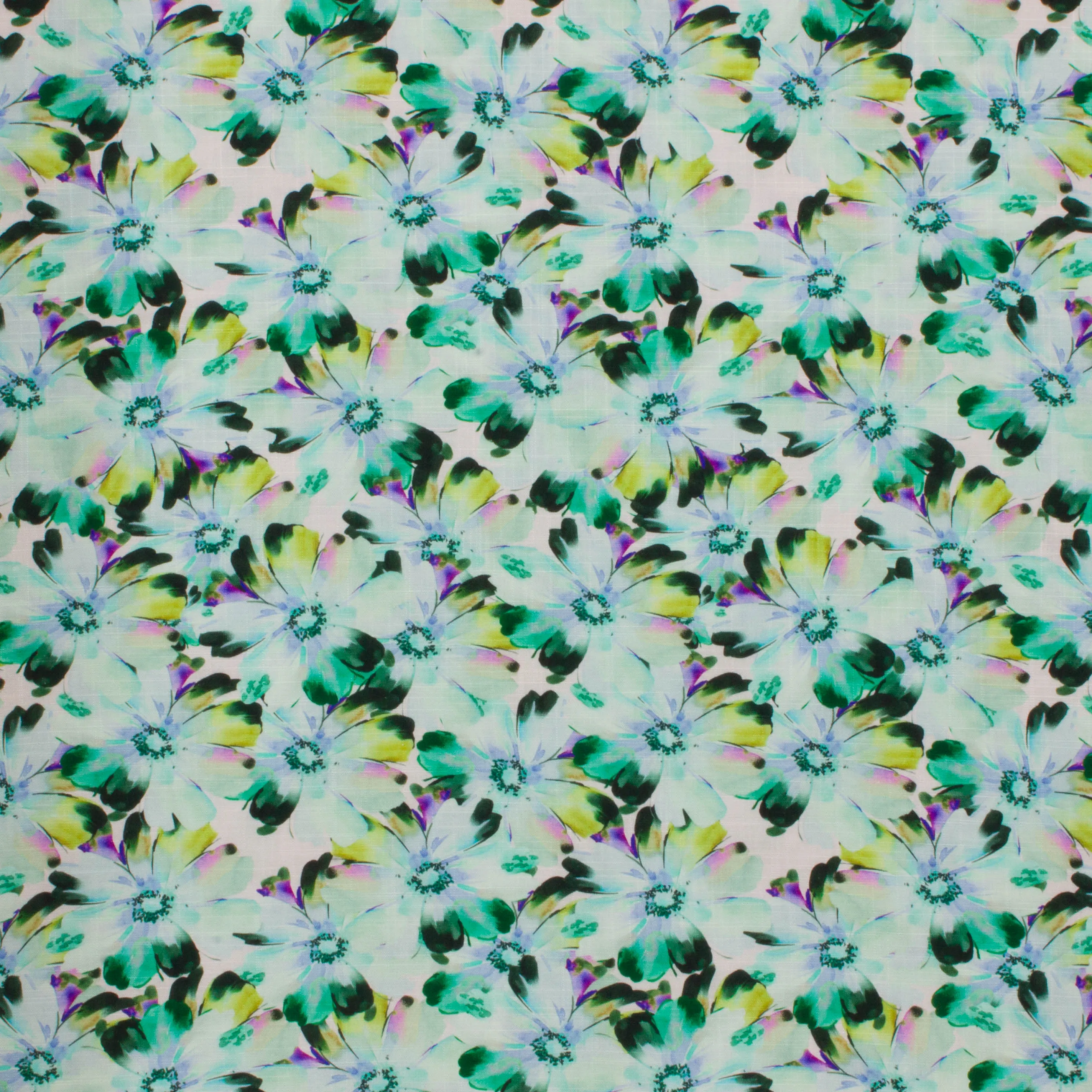 Witte viscose linnen met munt, petrol, limoen en paarse bloemen